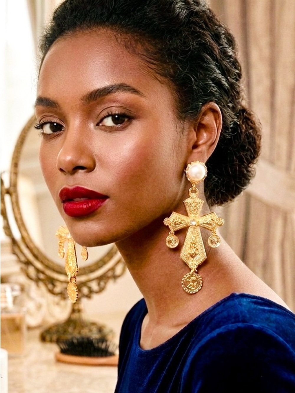 Vintage Palace Style Pearl Cross Drop Earrings – Gold Tone Statement Earrings - Picture 4 of 6